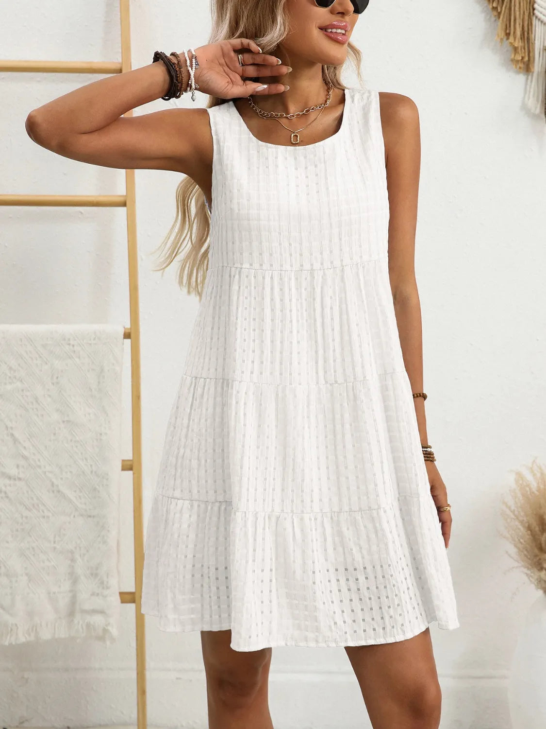 Plaid Round Neck Sleeveless Mini Dress - Velora