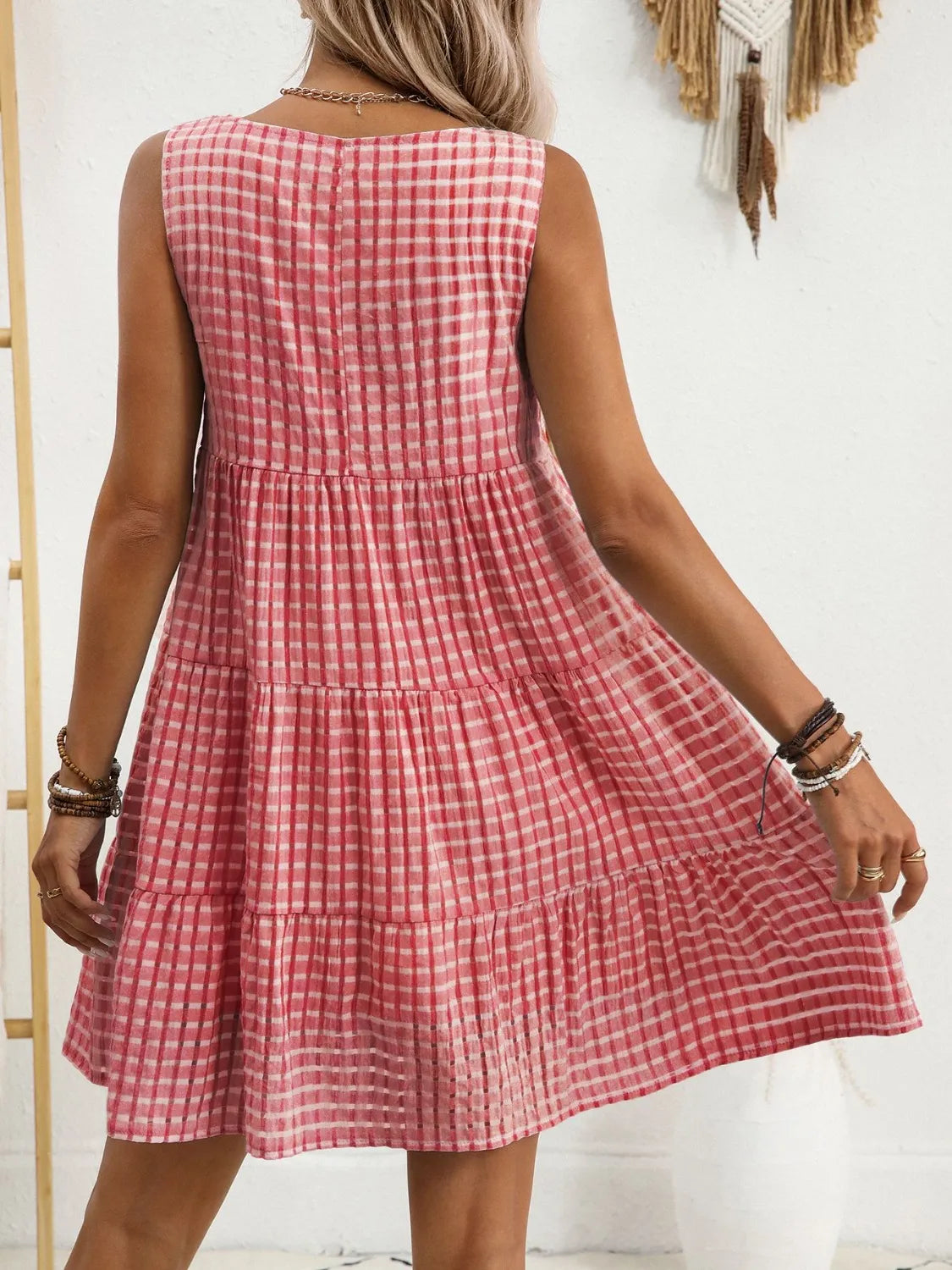 Plaid Round Neck Sleeveless Mini Dress - Velora