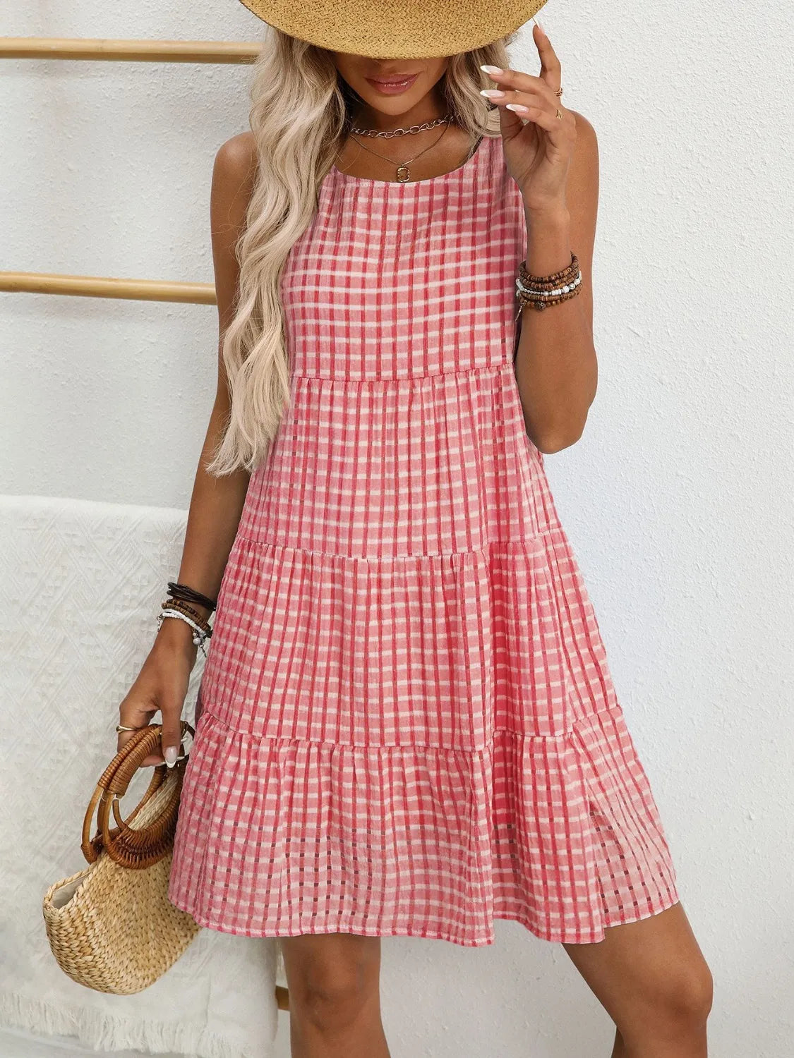 Plaid Round Neck Sleeveless Mini Dress - Velora