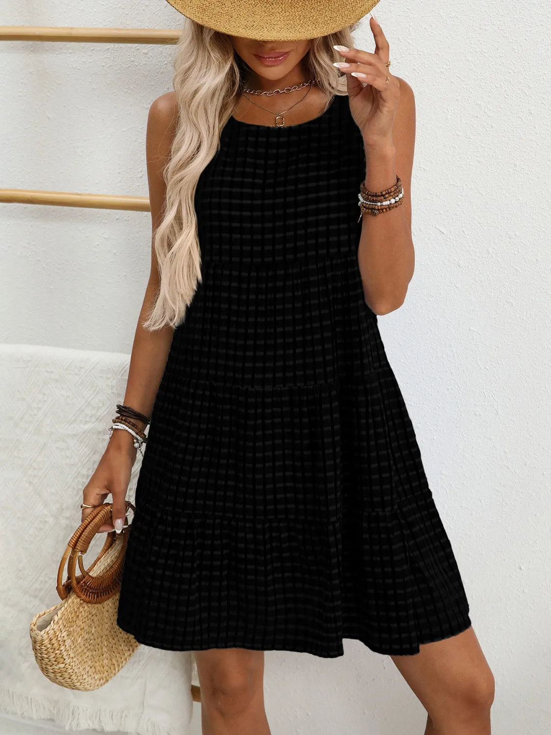 Plaid Round Neck Sleeveless Mini Dress - Velora Luxury Fashion