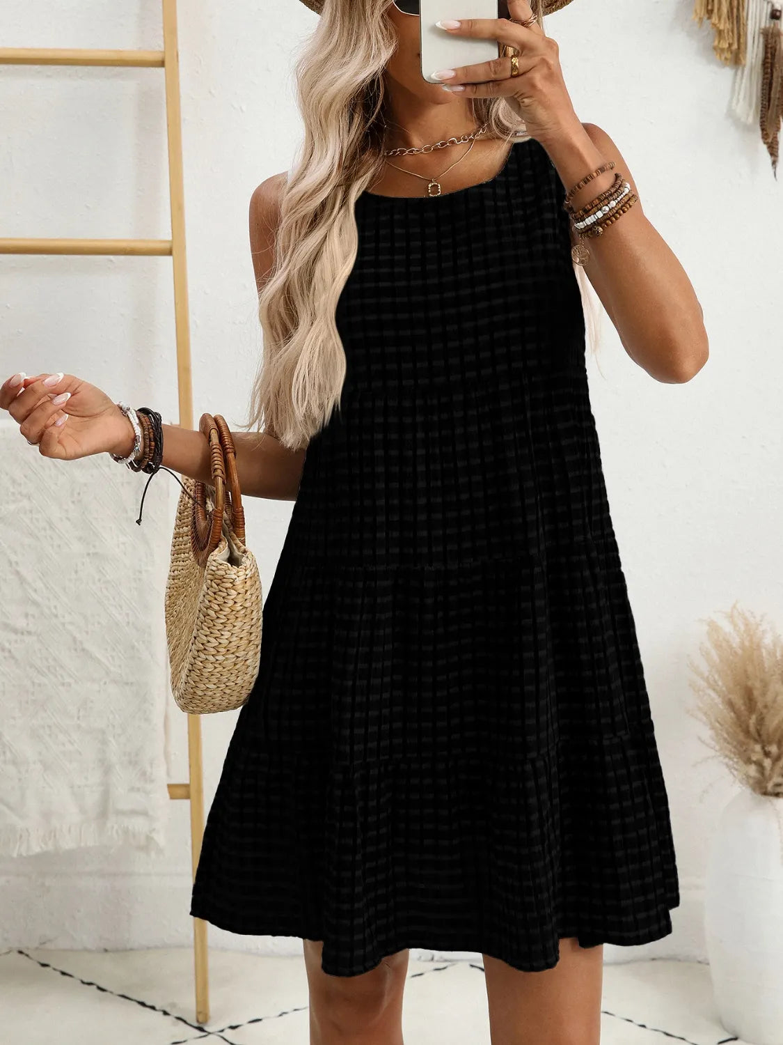 Plaid Round Neck Sleeveless Mini Dress - Velora