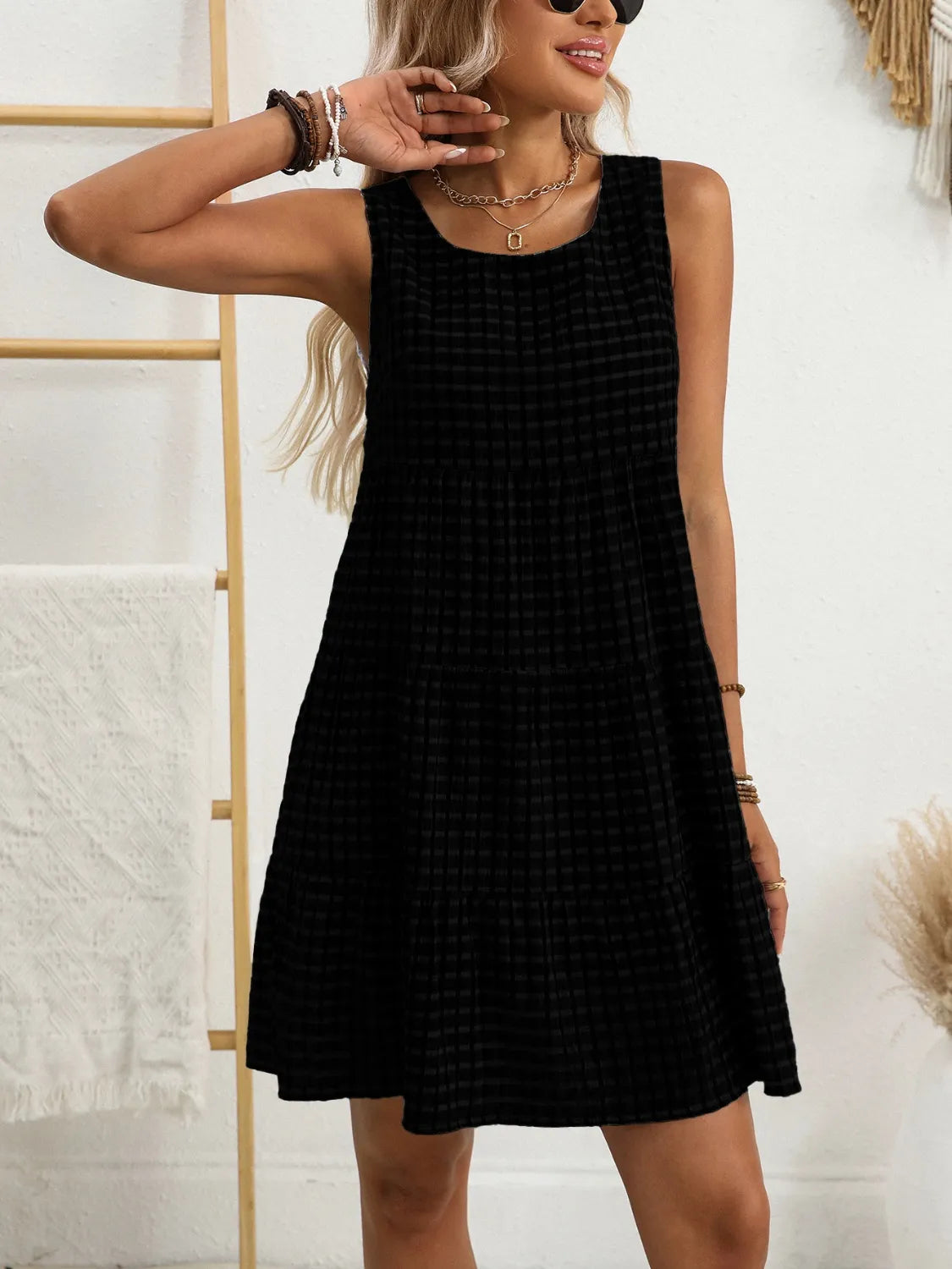 Plaid Round Neck Sleeveless Mini Dress - Velora