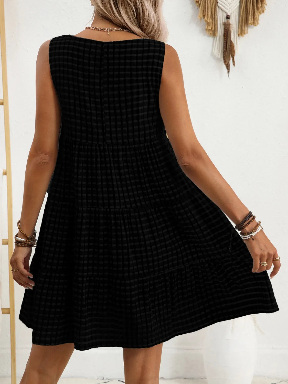 Plaid Round Neck Sleeveless Mini Dress - Velora