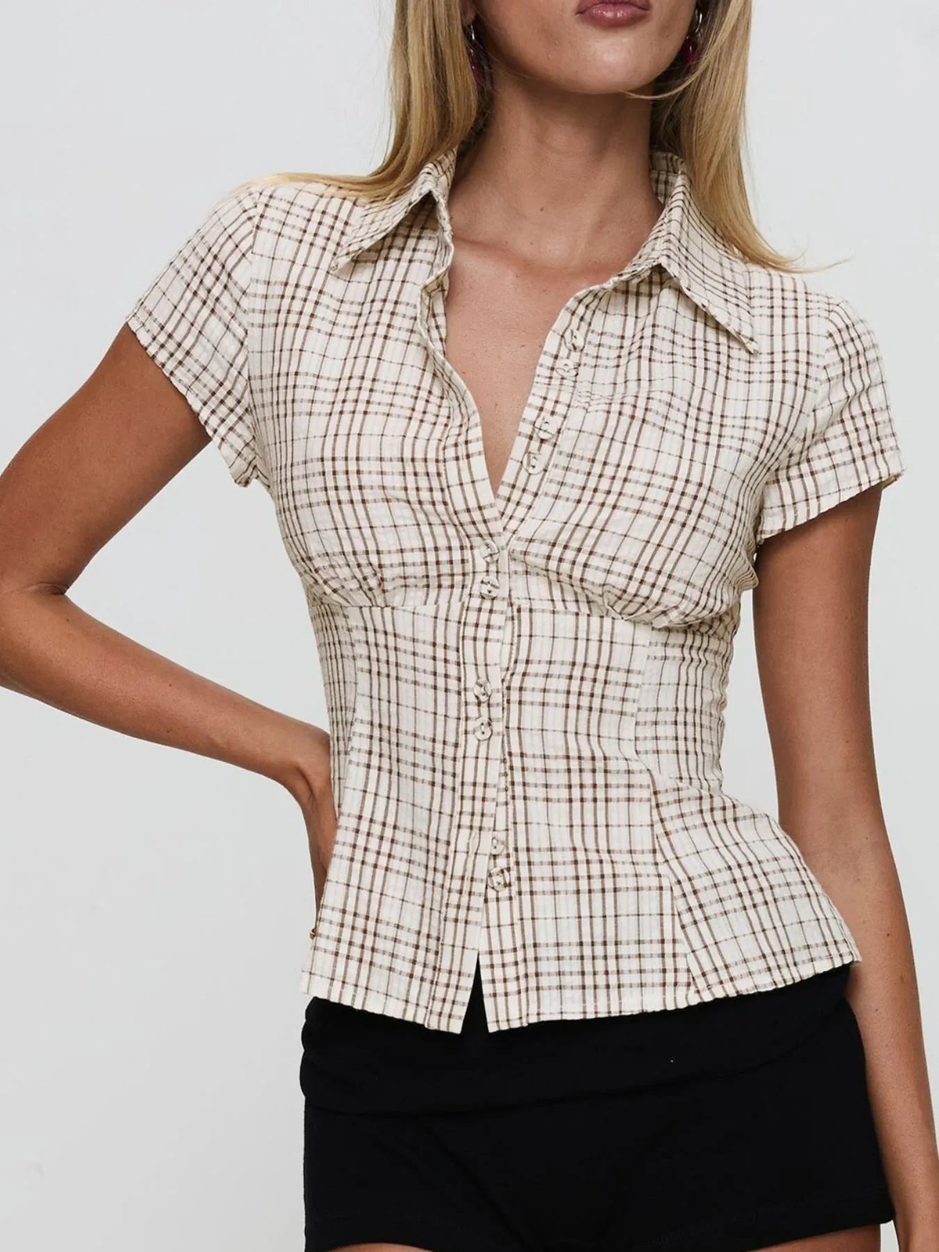 Plaid Short Sleeve Button-Up Shirt - Velora Luxury Fashion