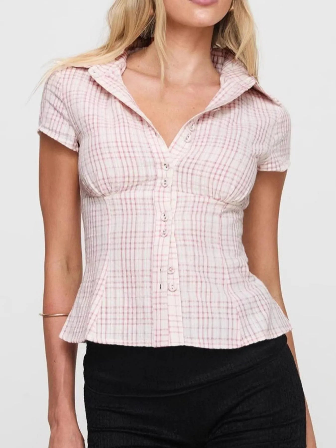 Plaid Short Sleeve Button-Up Shirt - Velora Luxury Fashion