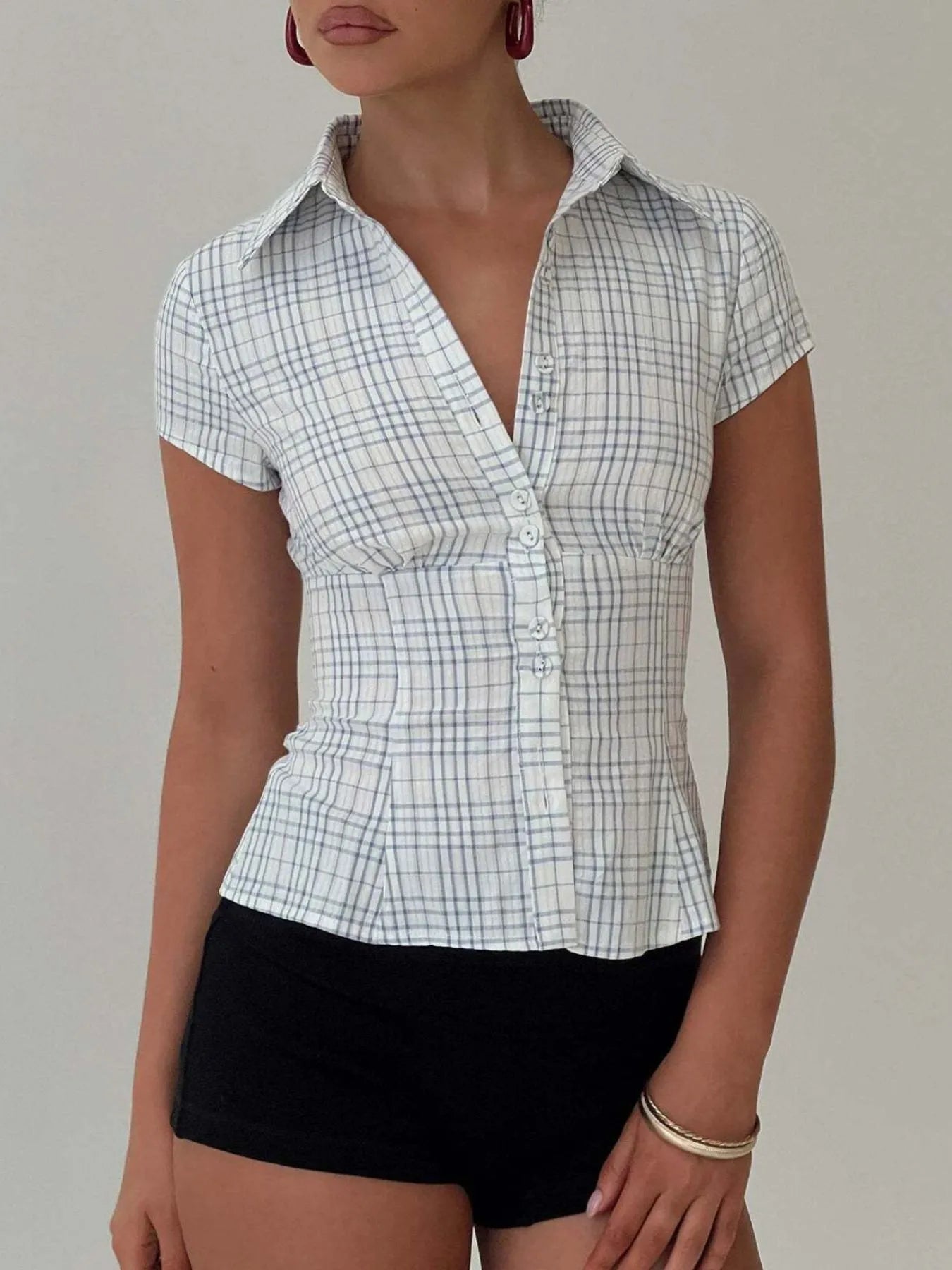 Plaid Short Sleeve Button-Up Shirt - Velora Luxury Fashion