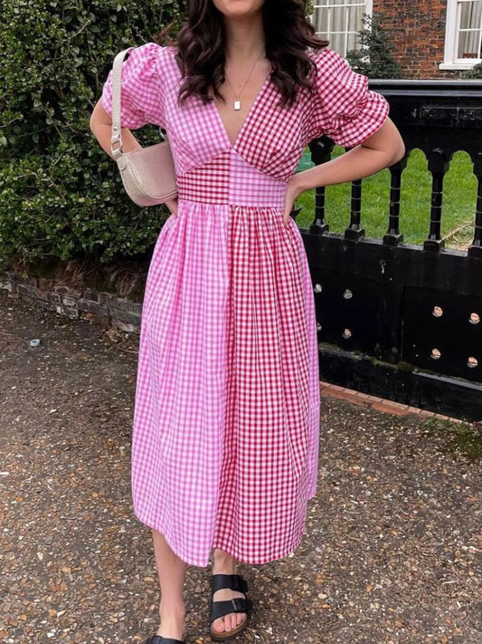 Plaid V-Neck Puff Sleeve Dress - Velora Luxury Fashion