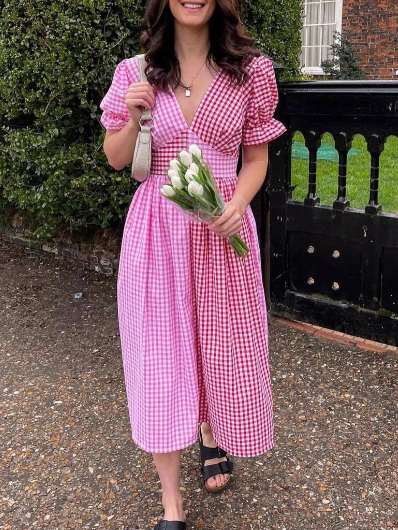 Plaid V-Neck Puff Sleeve Dress - Velora Luxury Fashion