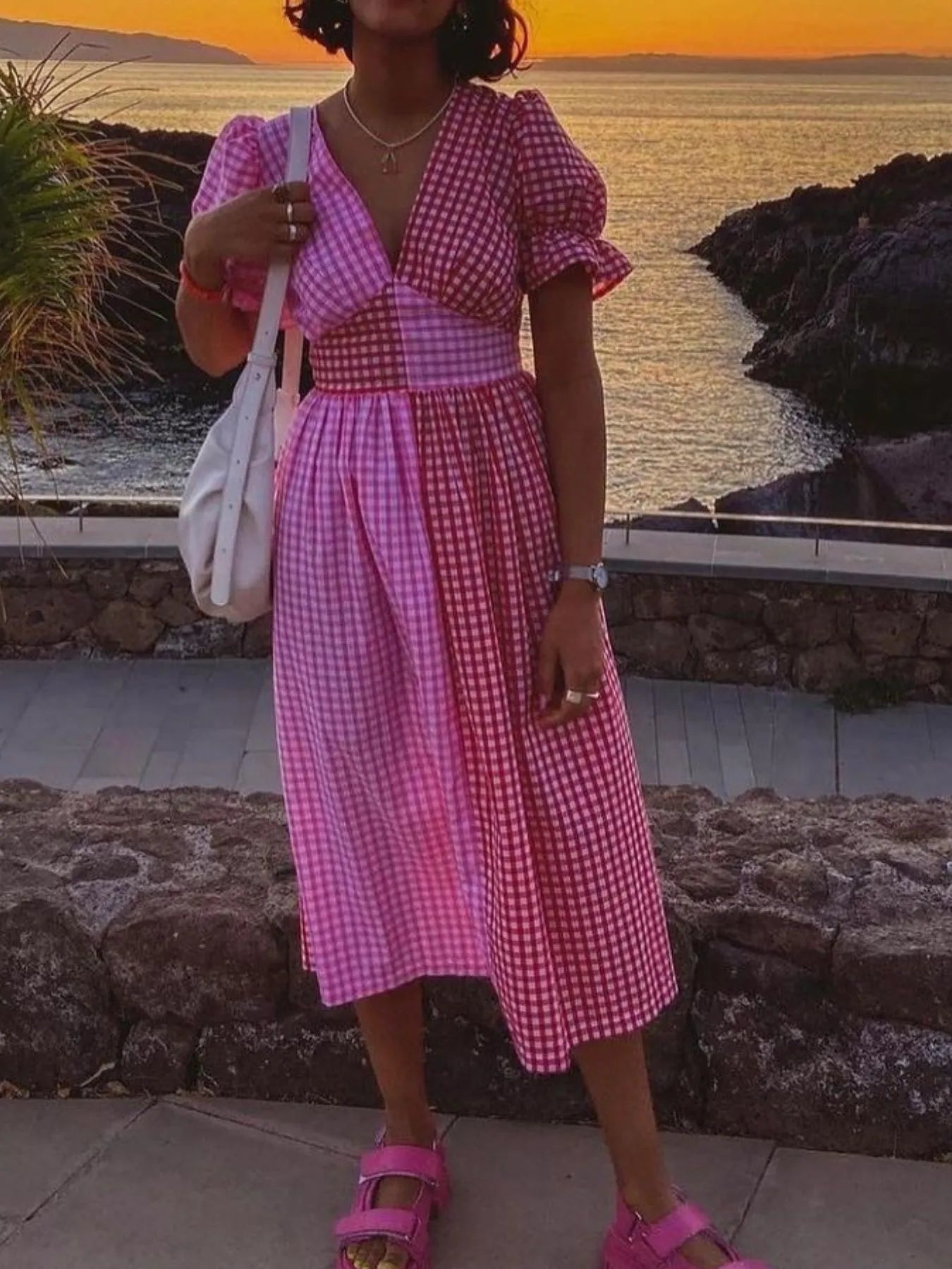 Plaid V-Neck Puff Sleeve Dress - Velora Luxury Fashion