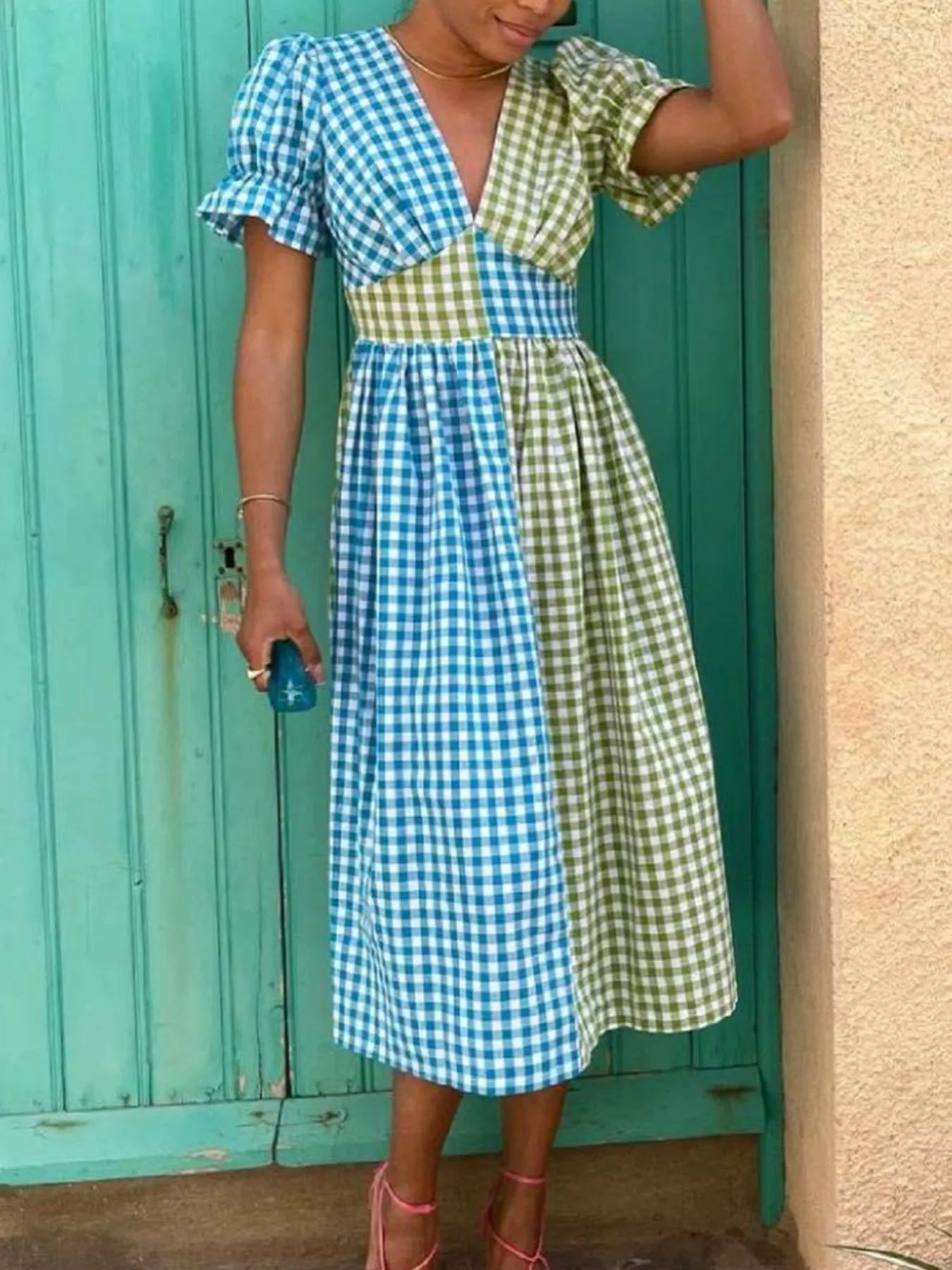 Plaid V-Neck Puff Sleeve Dress - Velora Luxury Fashion