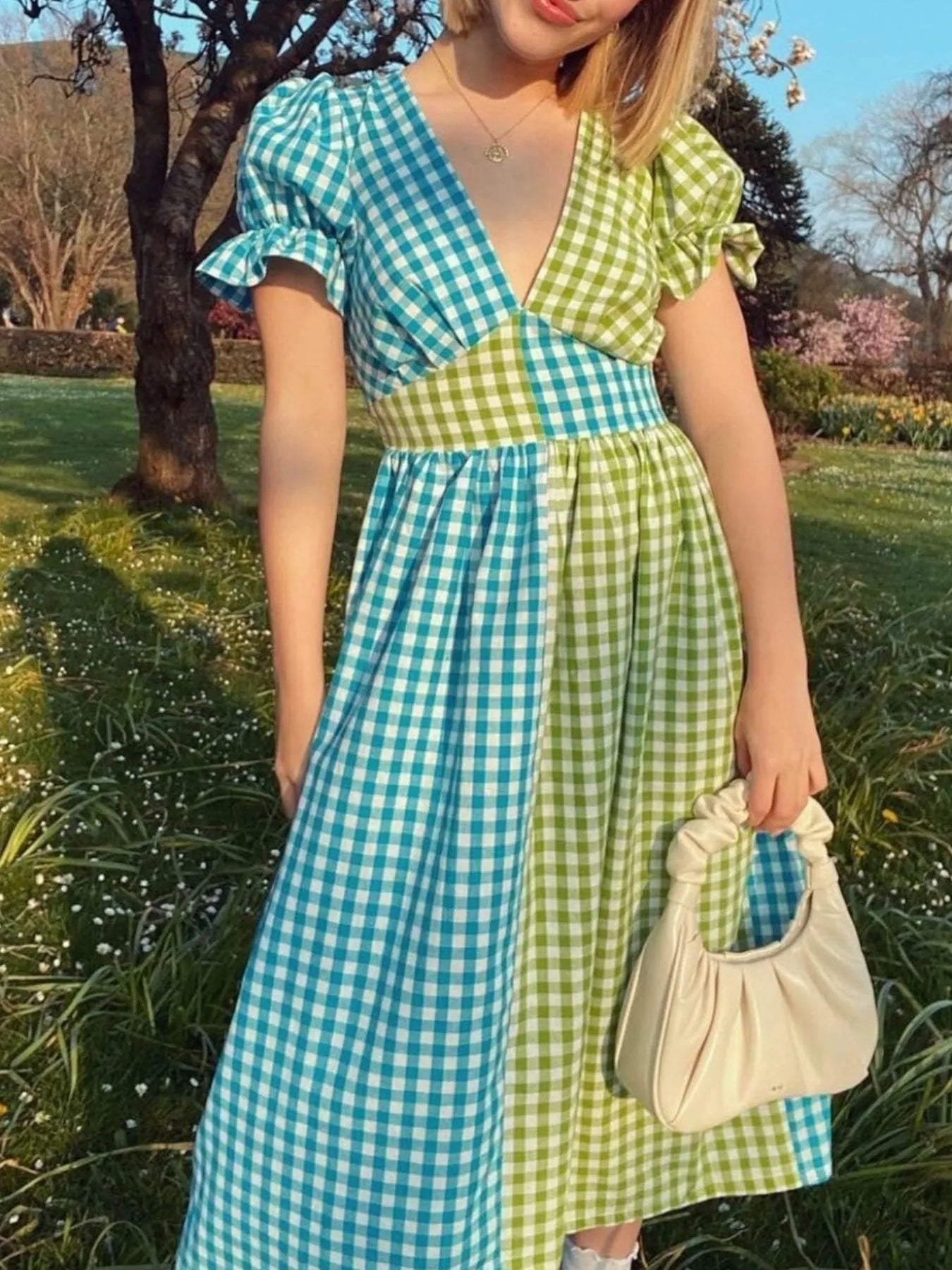 Plaid V-Neck Puff Sleeve Dress - Velora Luxury Fashion