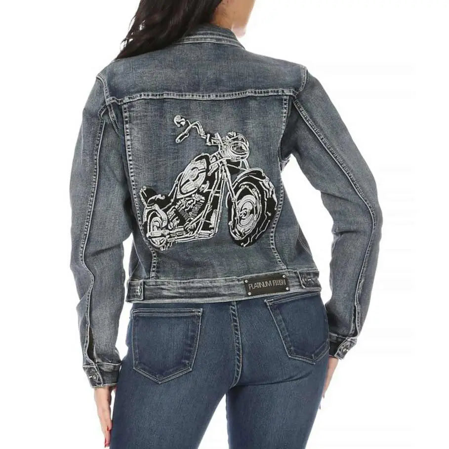 Platinum Plush Women's Motorcycle Graphic Jean Jacket - Velora Luxury Fashion