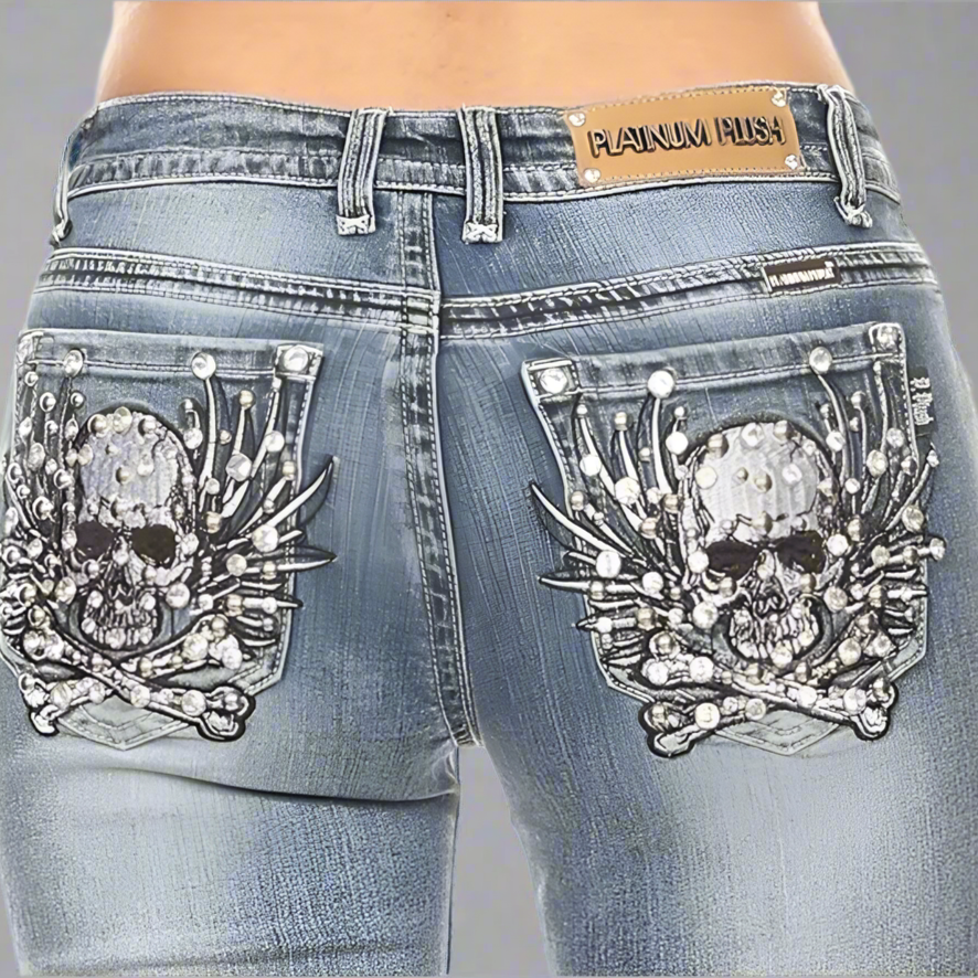 Platinum Plush Women's Rhinestone Skull & Bones Bootcut Jeans - Velora Luxury Fashion