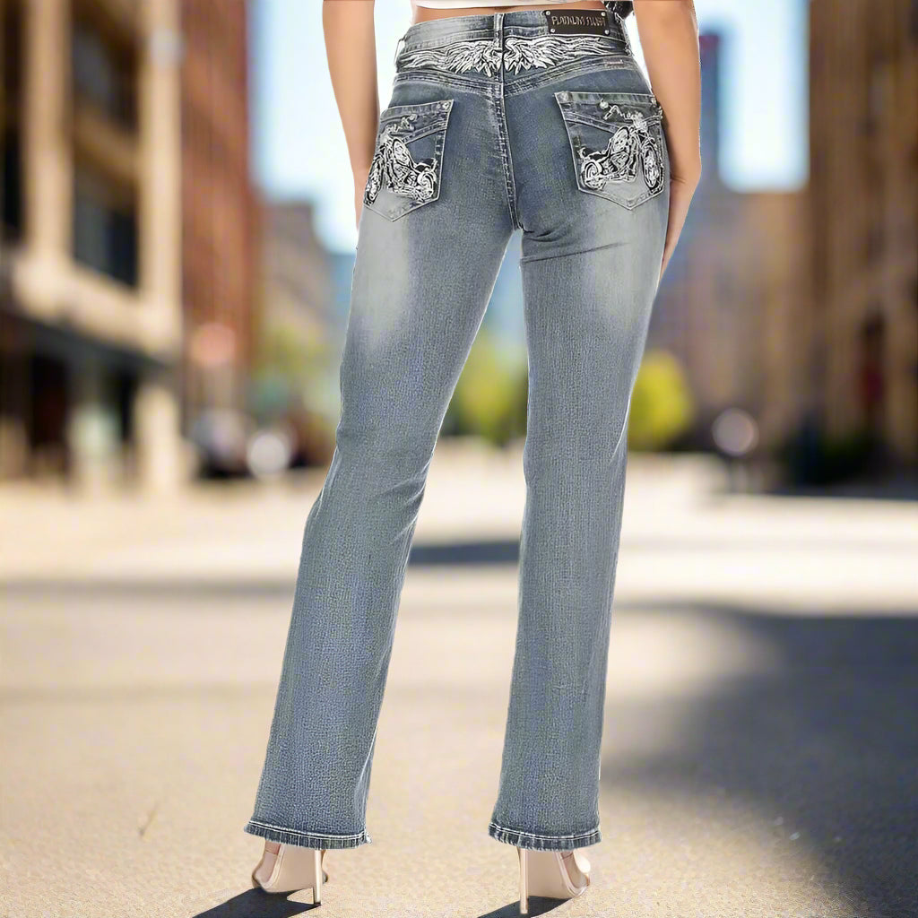 Platinum Plush Women's Rhinestone Motorcycle Bootcut Jeans Boutique of Leathers/Open Road