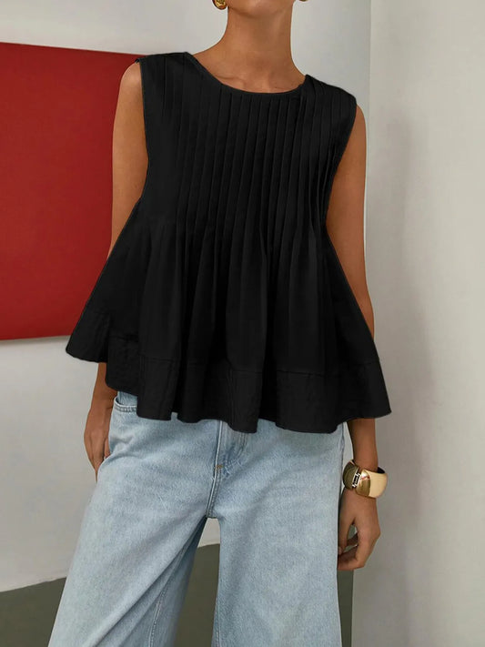 Pleated Peplum Round Neck Sleeveless Top - Velora Luxury Fashion
