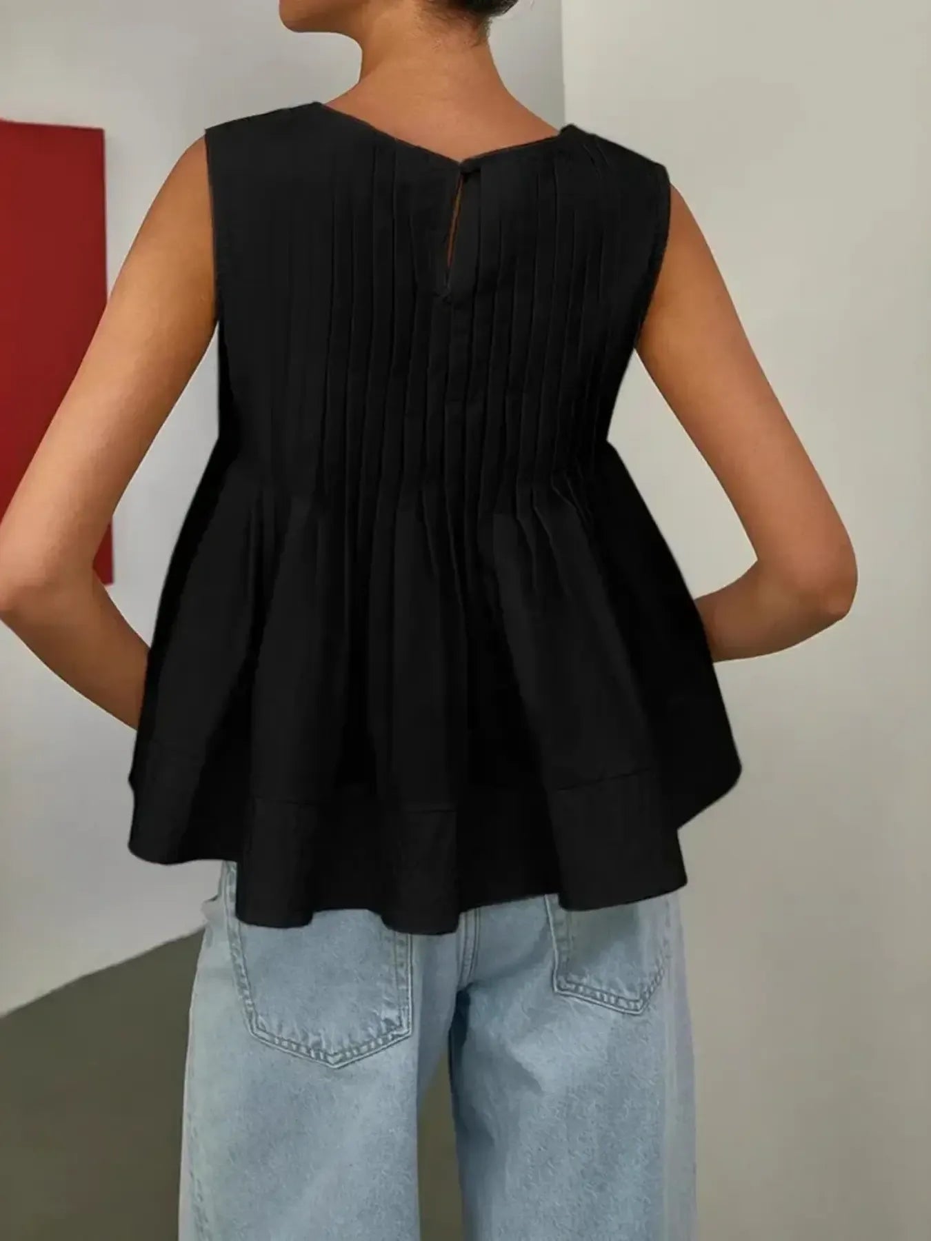 Pleated Peplum Round Neck Sleeveless Top - Velora Luxury Fashion