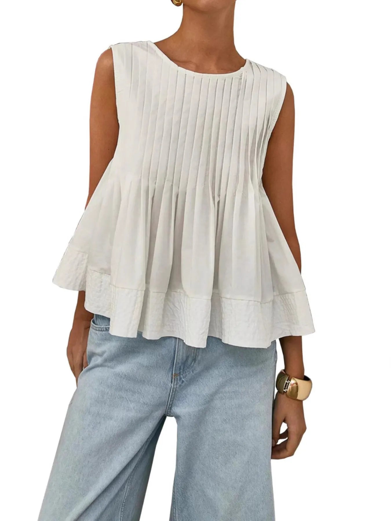 Pleated Peplum Round Neck Sleeveless Top - Velora Luxury Fashion