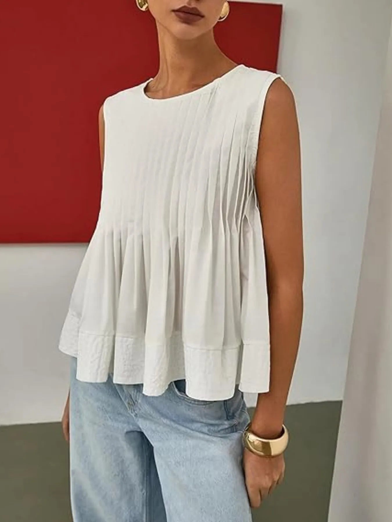 Pleated Peplum Round Neck Sleeveless Top - Velora Luxury Fashion