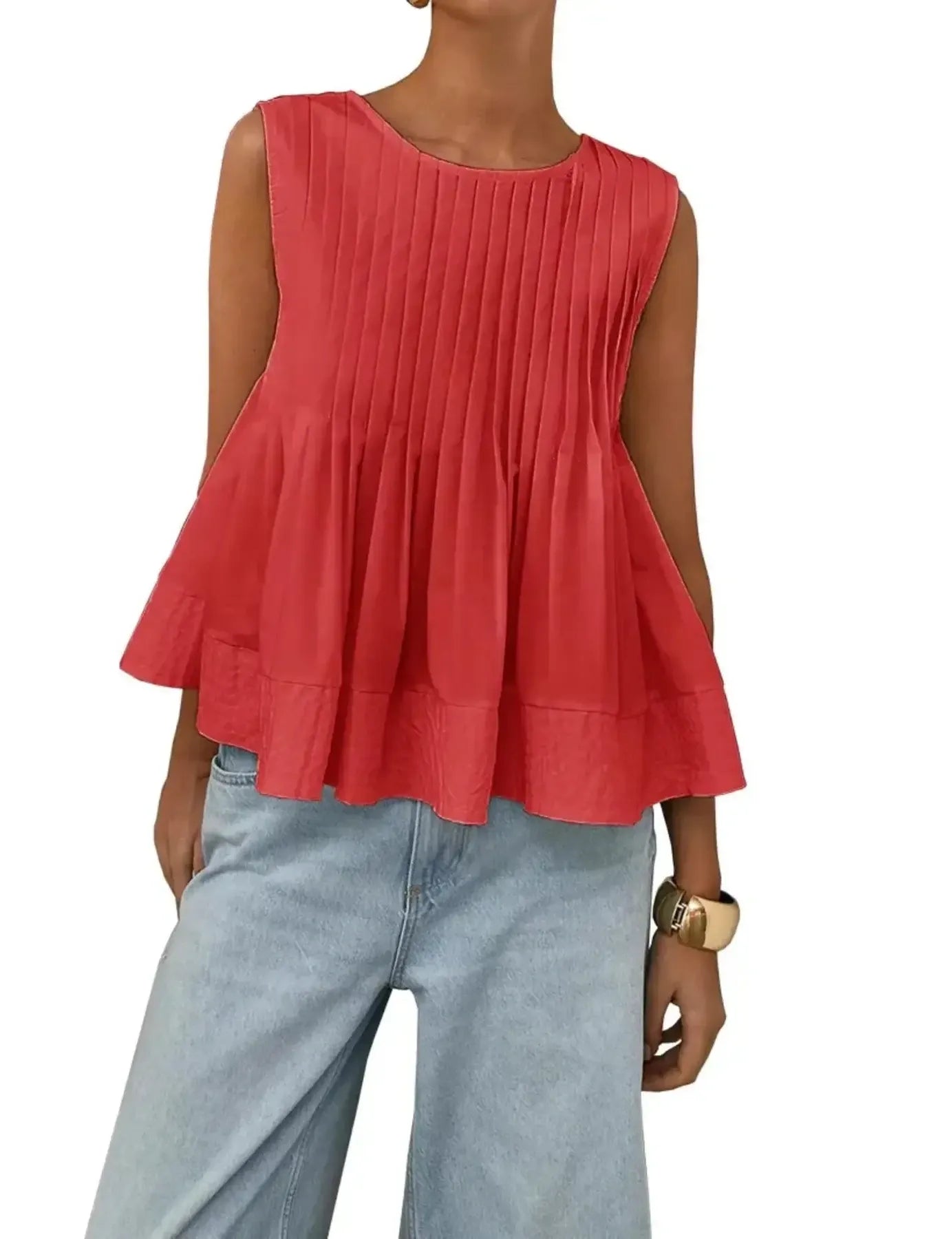 Pleated Peplum Round Neck Sleeveless Top - Velora Luxury Fashion