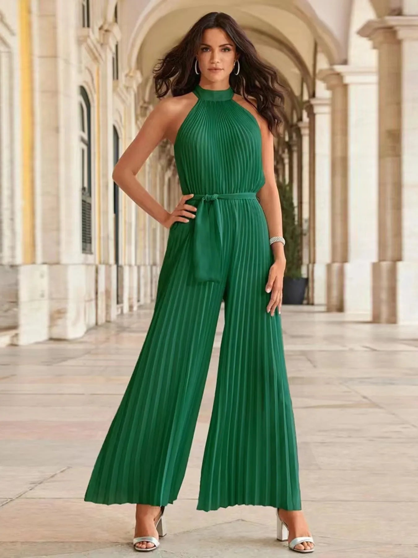 Pleated Sleeveless Wide Leg Jumpsuit - Velora Luxury Fashion