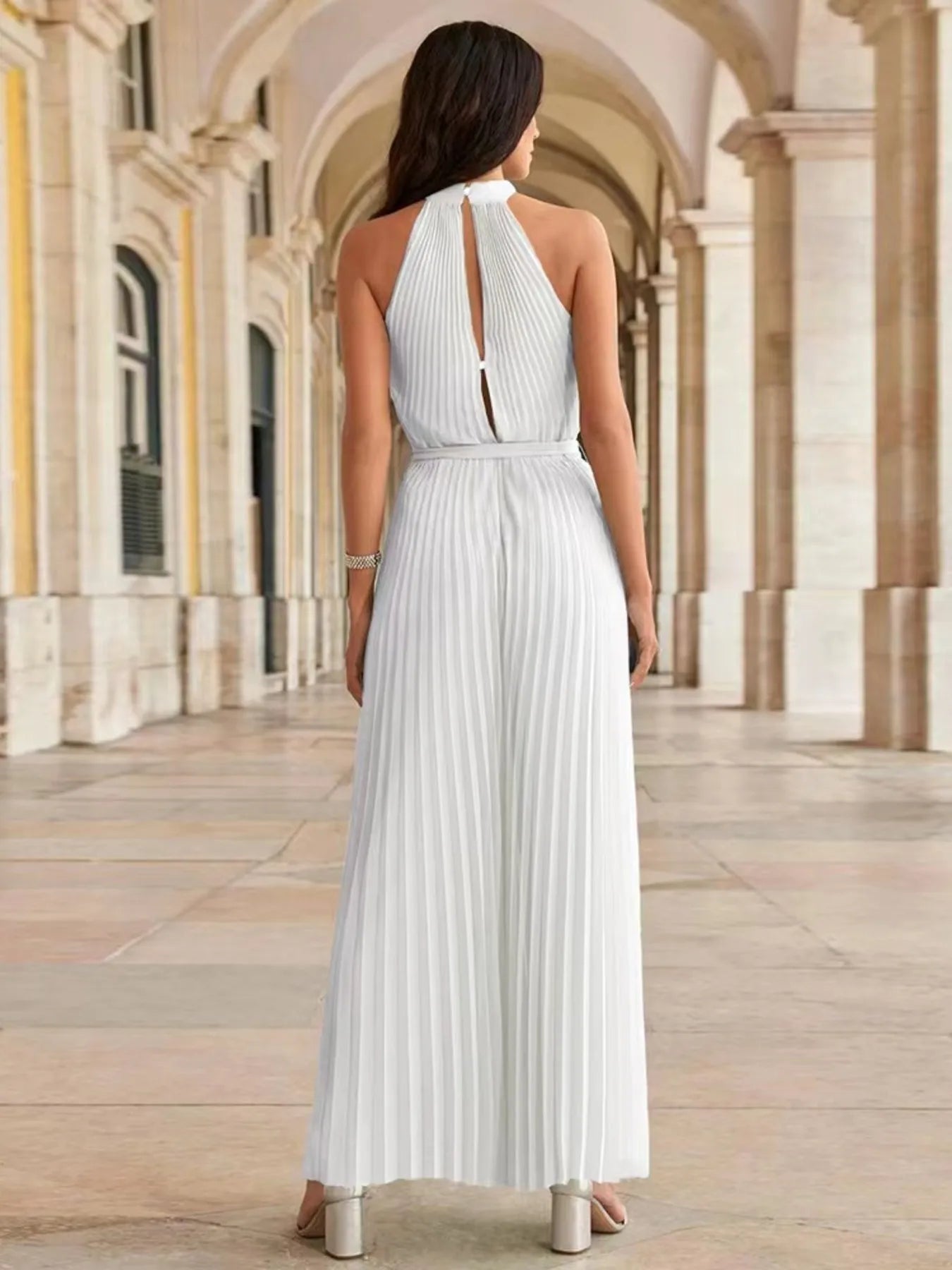 Pleated Sleeveless Wide Leg Jumpsuit - Velora Luxury Fashion