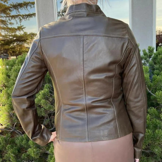 Plonge Leathers Women's Snap Collar Lamb Leather Jacket - Velora Luxury Fashion
