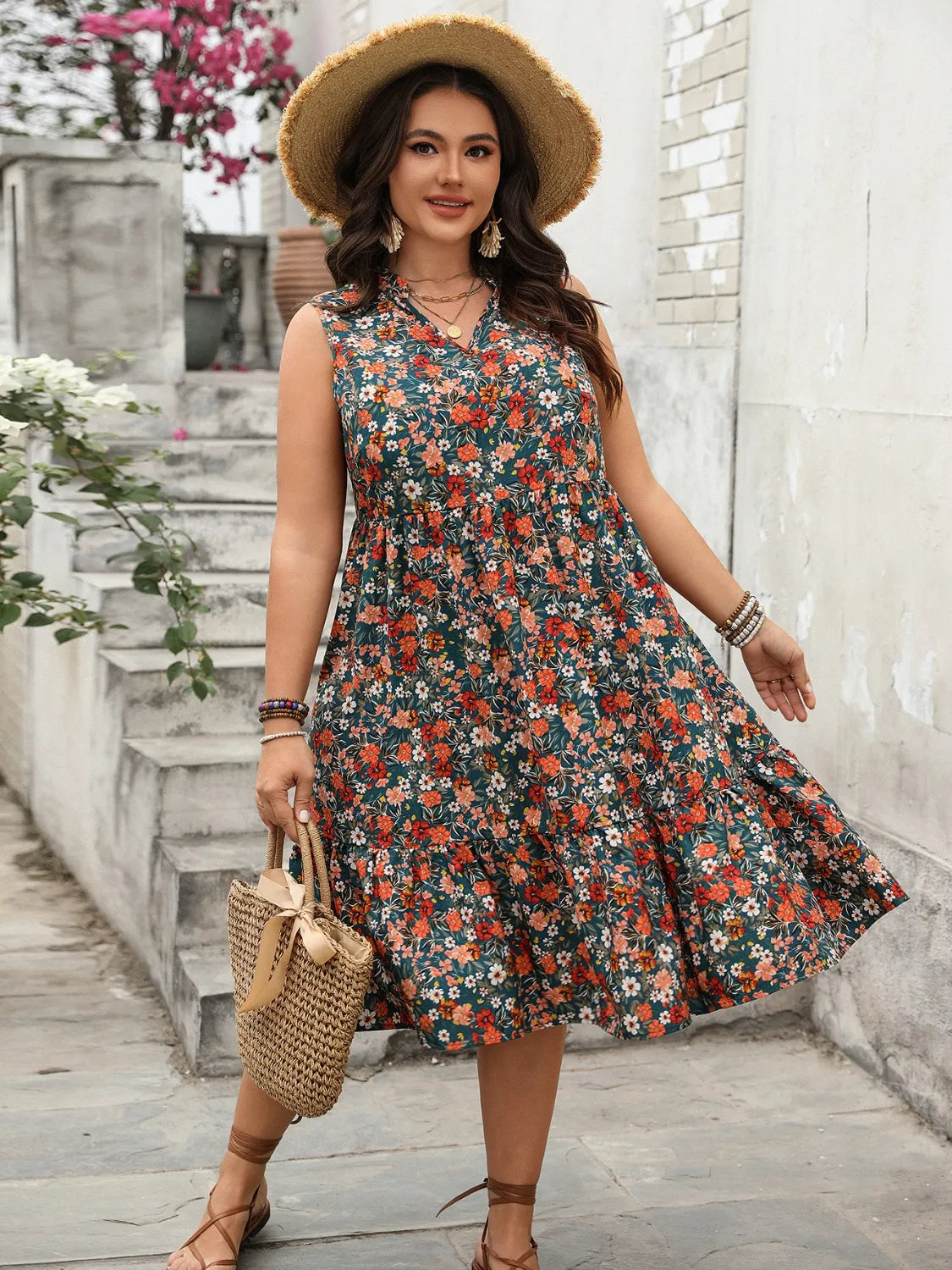Plus Size Floral Notched Sleeveless Dress - Velora Luxury Fashion