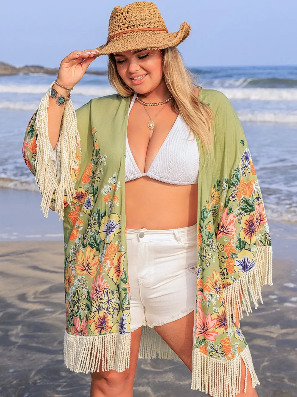 Plus Size Fringe Open Front Cover-Up - Velora Luxury Fashion