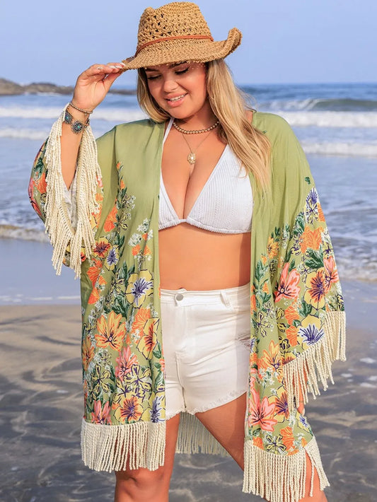 Plus Size Fringe Open Front Cover-Up - Velora Luxury Fashion