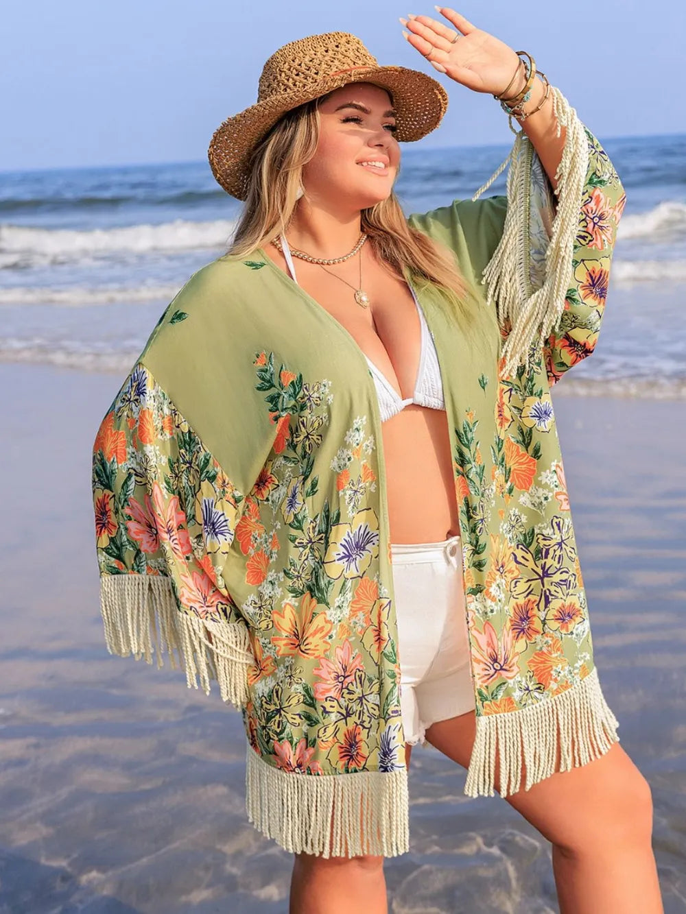 Plus Size Fringe Open Front Cover-Up - Velora Luxury Fashion