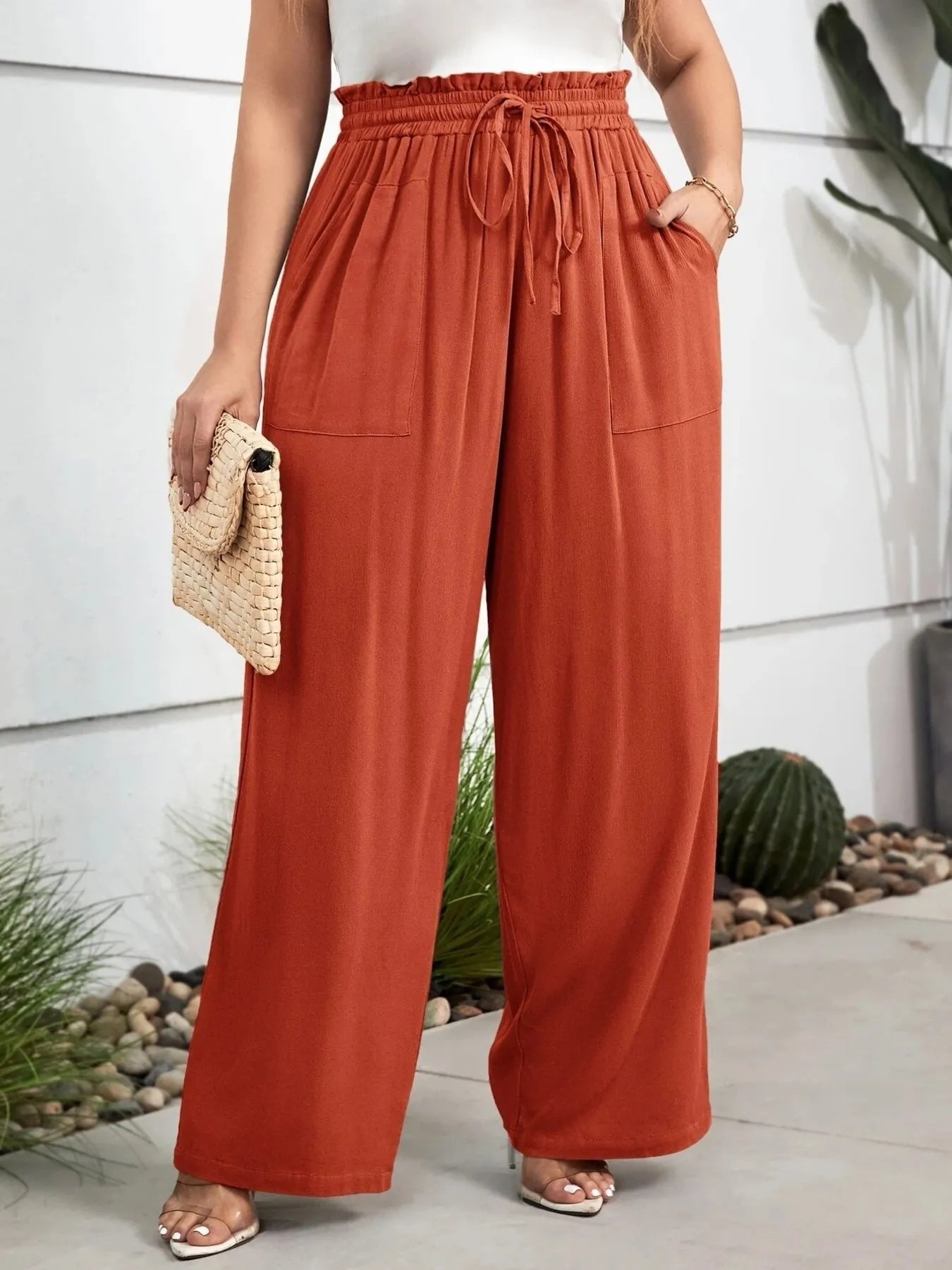 Plus Size High Waist Wide Leg Drawstring Pants - Velora Luxury Fashion