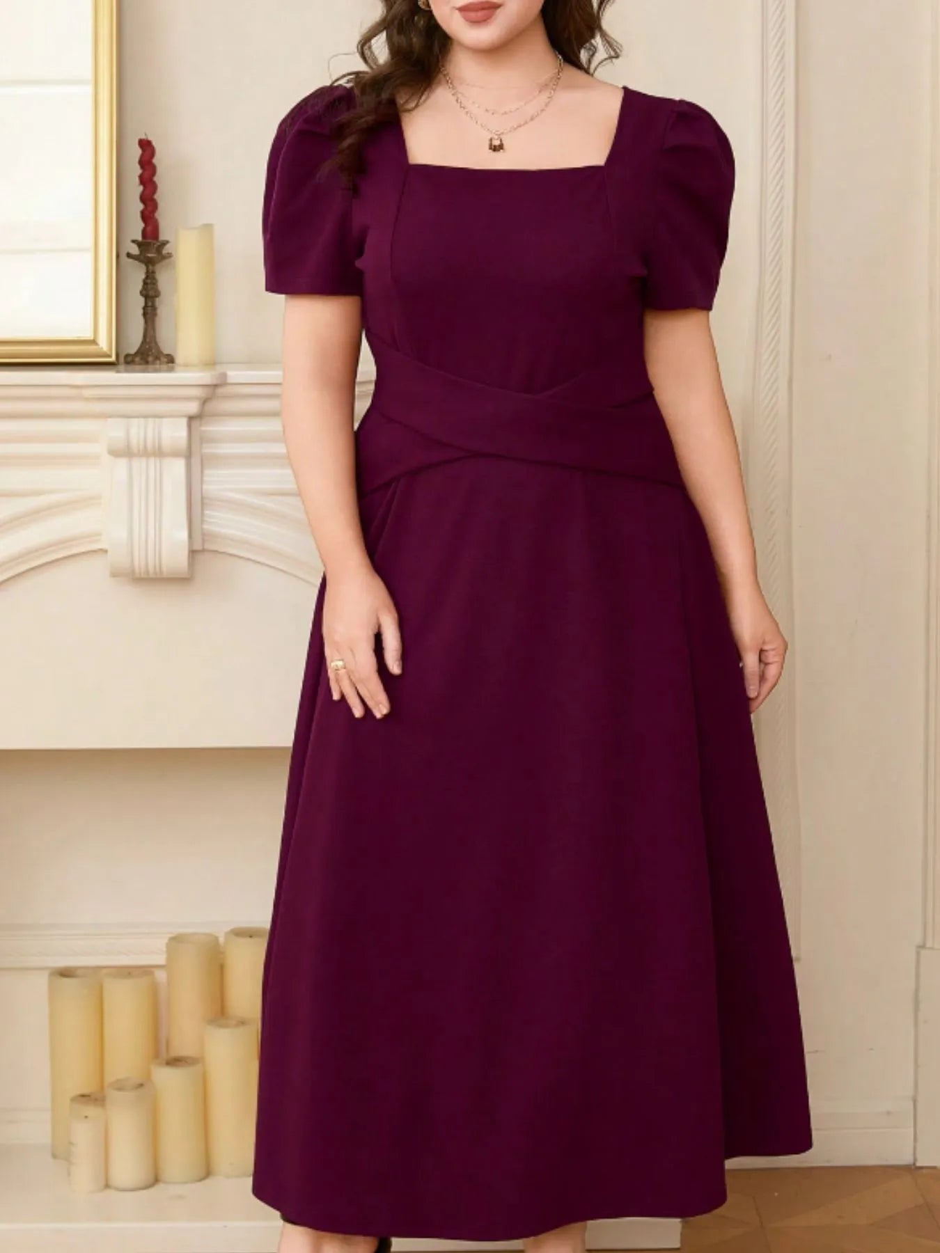 Plus Size Square Neck Puff Sleeve Midi Dress - Velora Luxury Fashion