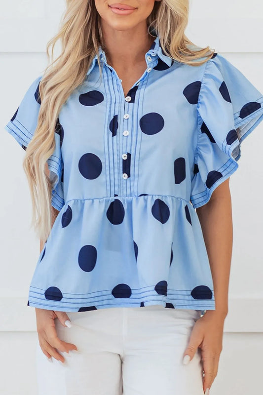 Polka Dot Print Ruffled Short Sleeve Buttoned Collared Blouse - Velora Luxury Fashion