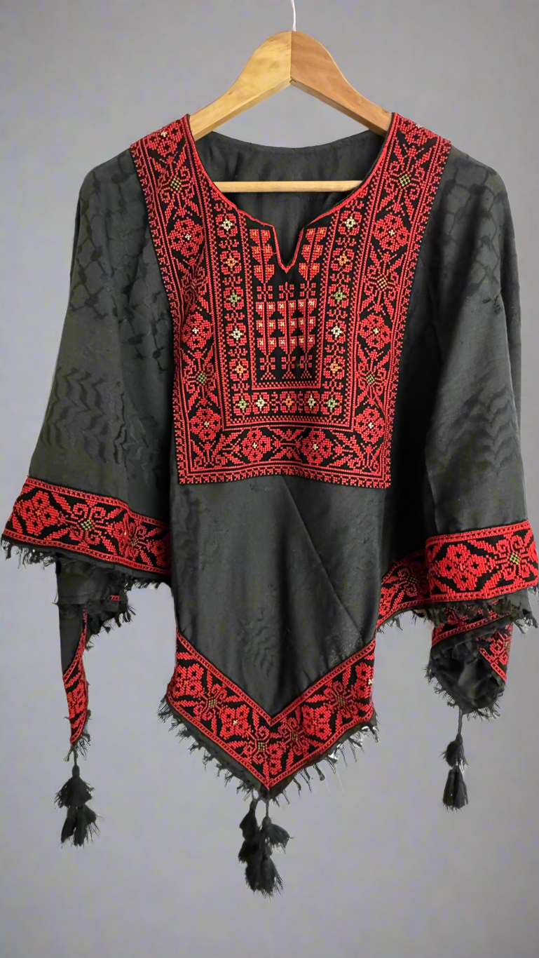 Poncho of Palestine | All Black Kufiya (Keffiyeh) - Tatreez – Made in Jordan - Velora Luxury Fashion