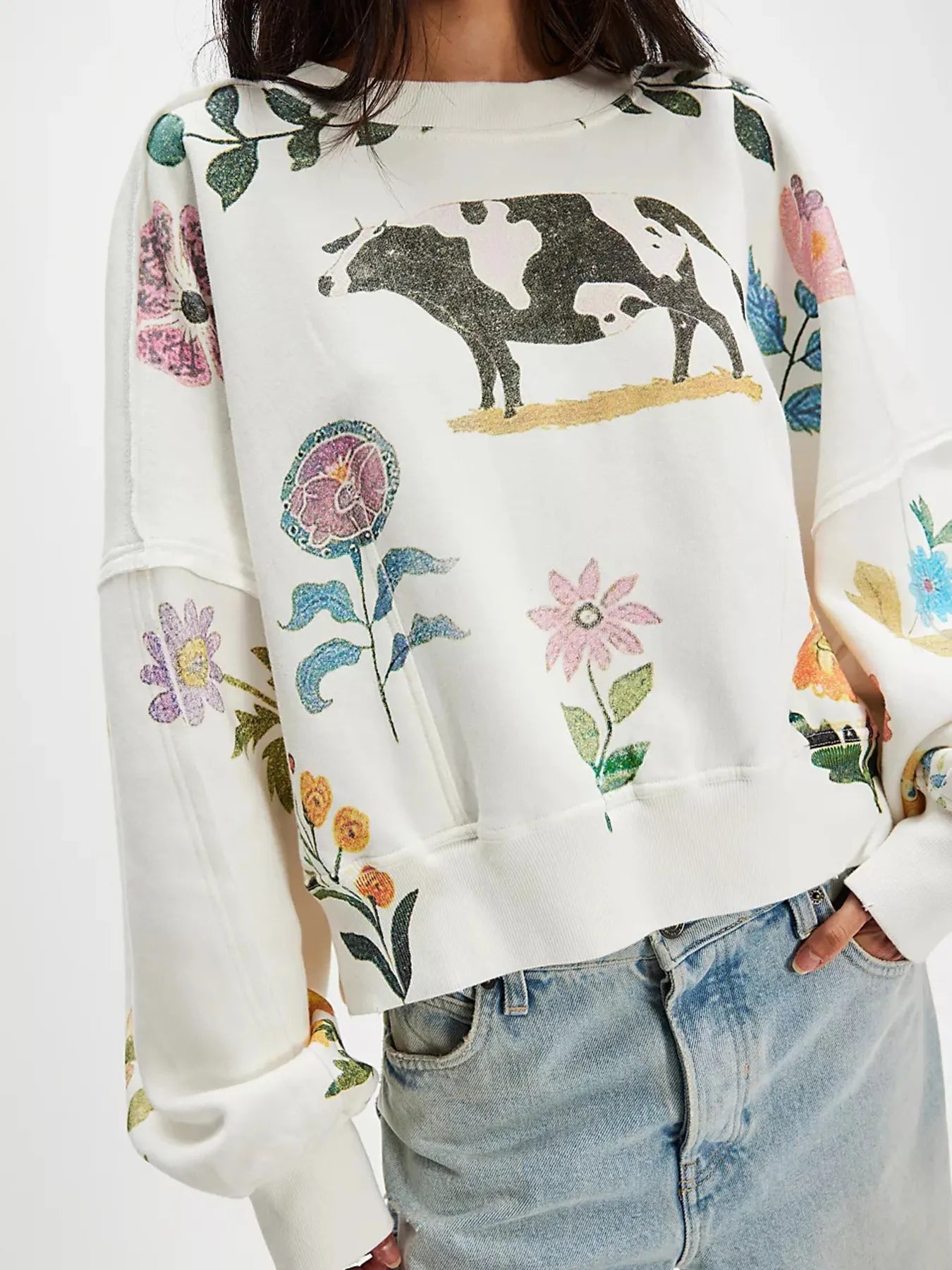Print Round Neck Oversized Sweatshirt - Velora Luxury Fashion