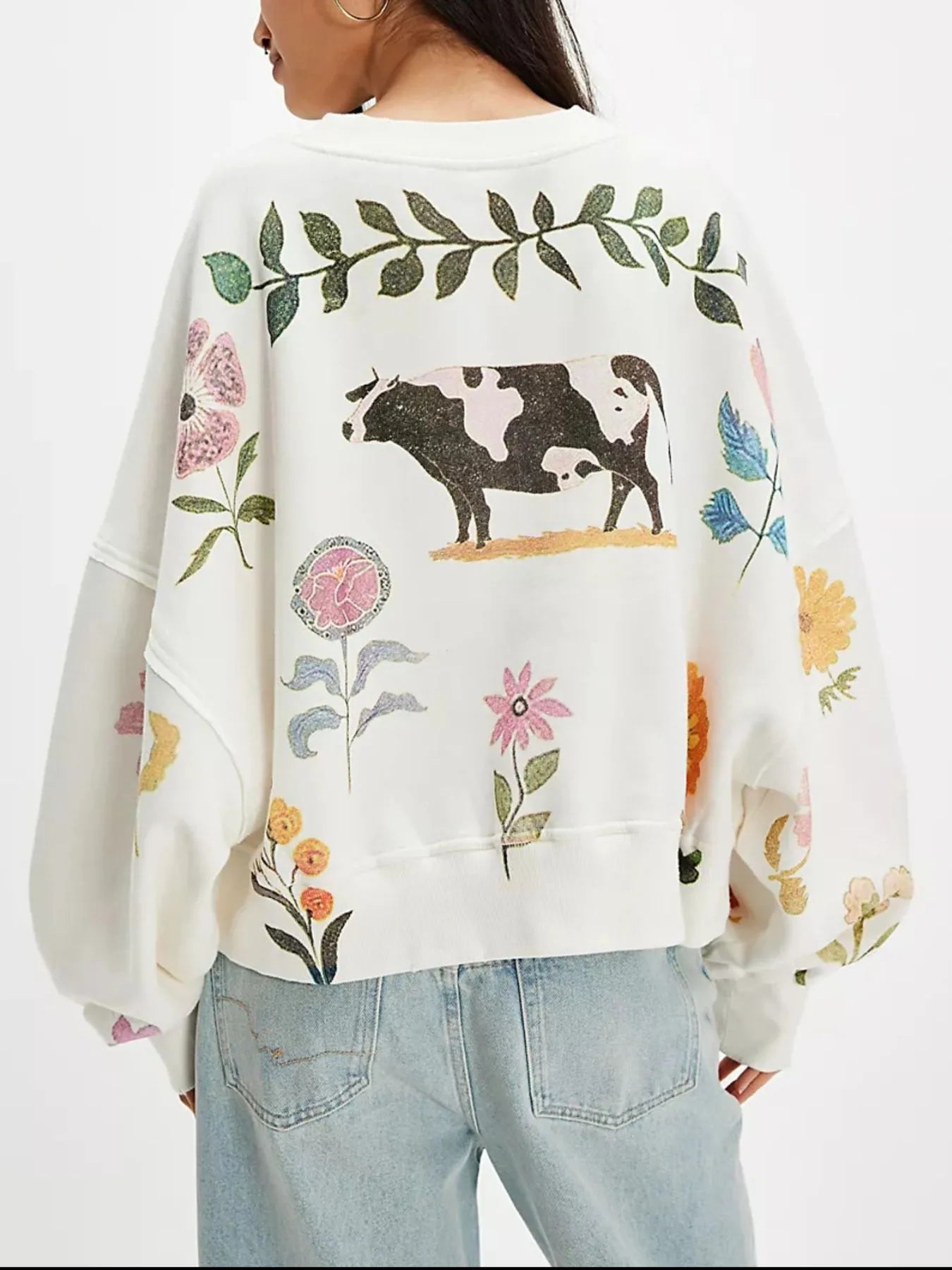 Print Round Neck Oversized Sweatshirt - Velora Luxury Fashion