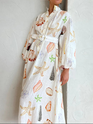 Printed Balloon Sleeve Maxi Shirt Dress - Velora Luxury Fashion