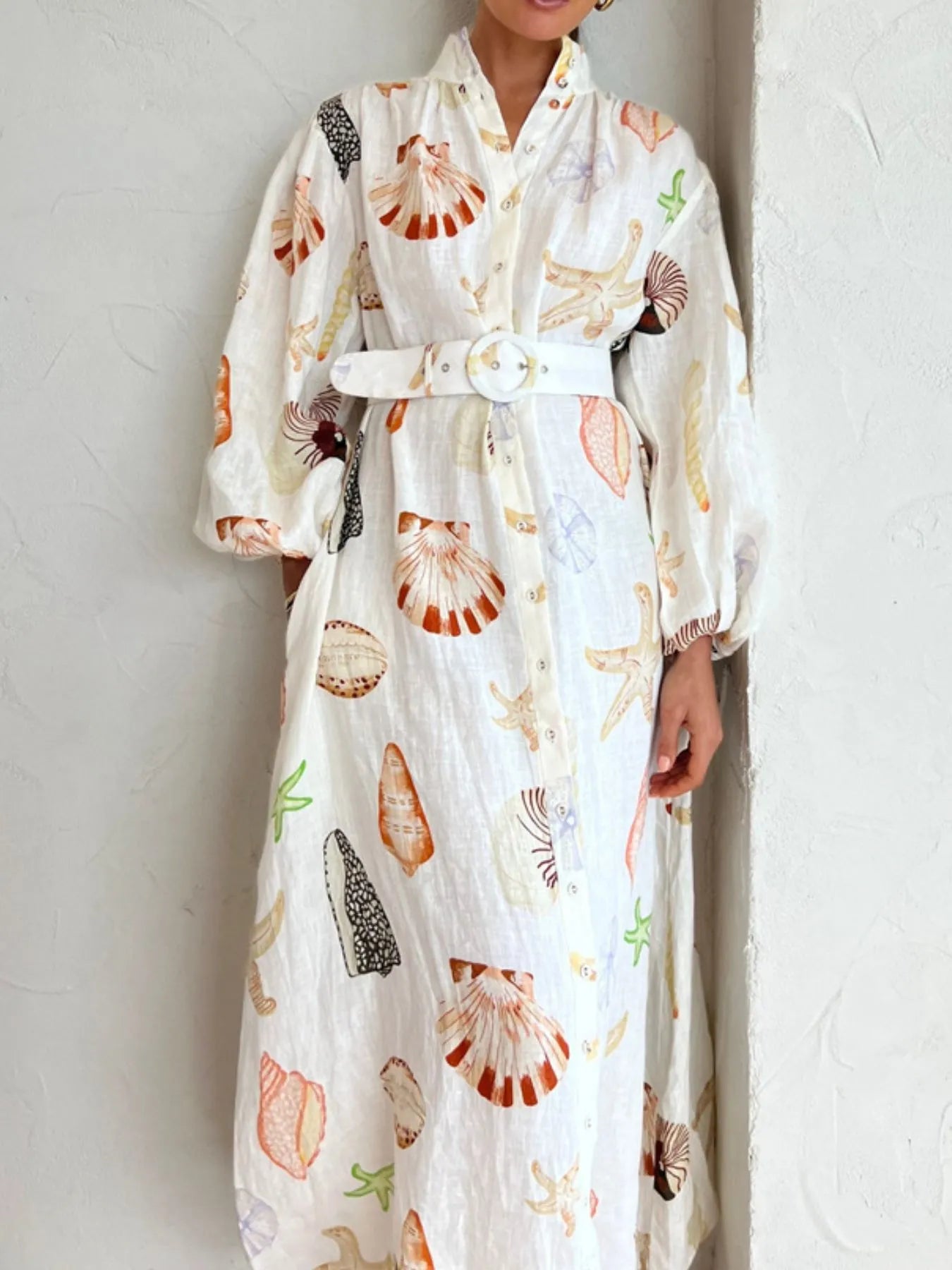 Printed Balloon Sleeve Maxi Shirt Dress - Velora Luxury Fashion