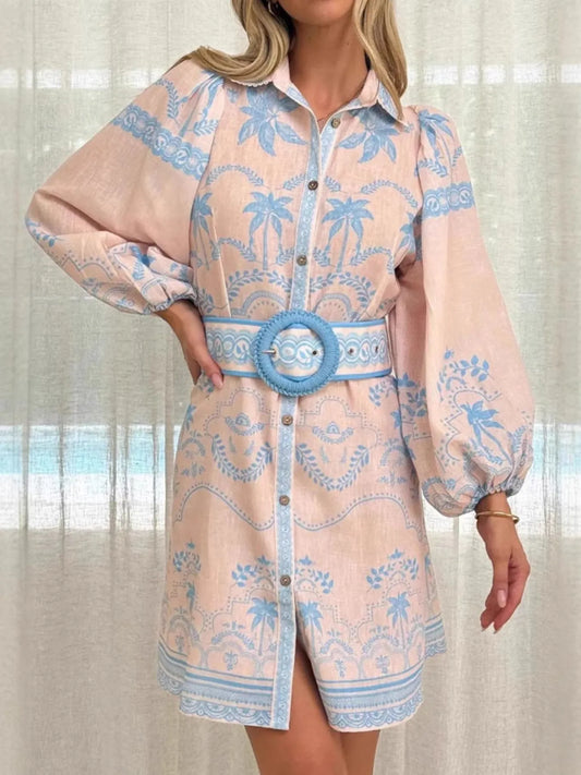 Printed Button Down Shirt Dress with Belt - Velora Luxury Fashion