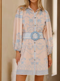 Printed Button Down Shirt Dress with Belt - Velora Luxury Fashion