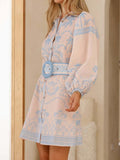 Printed Button Down Shirt Dress with Belt - Velora Luxury Fashion