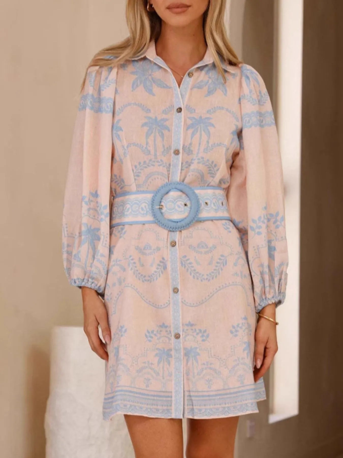 Printed Button Down Shirt Dress with Belt - Velora Luxury Fashion