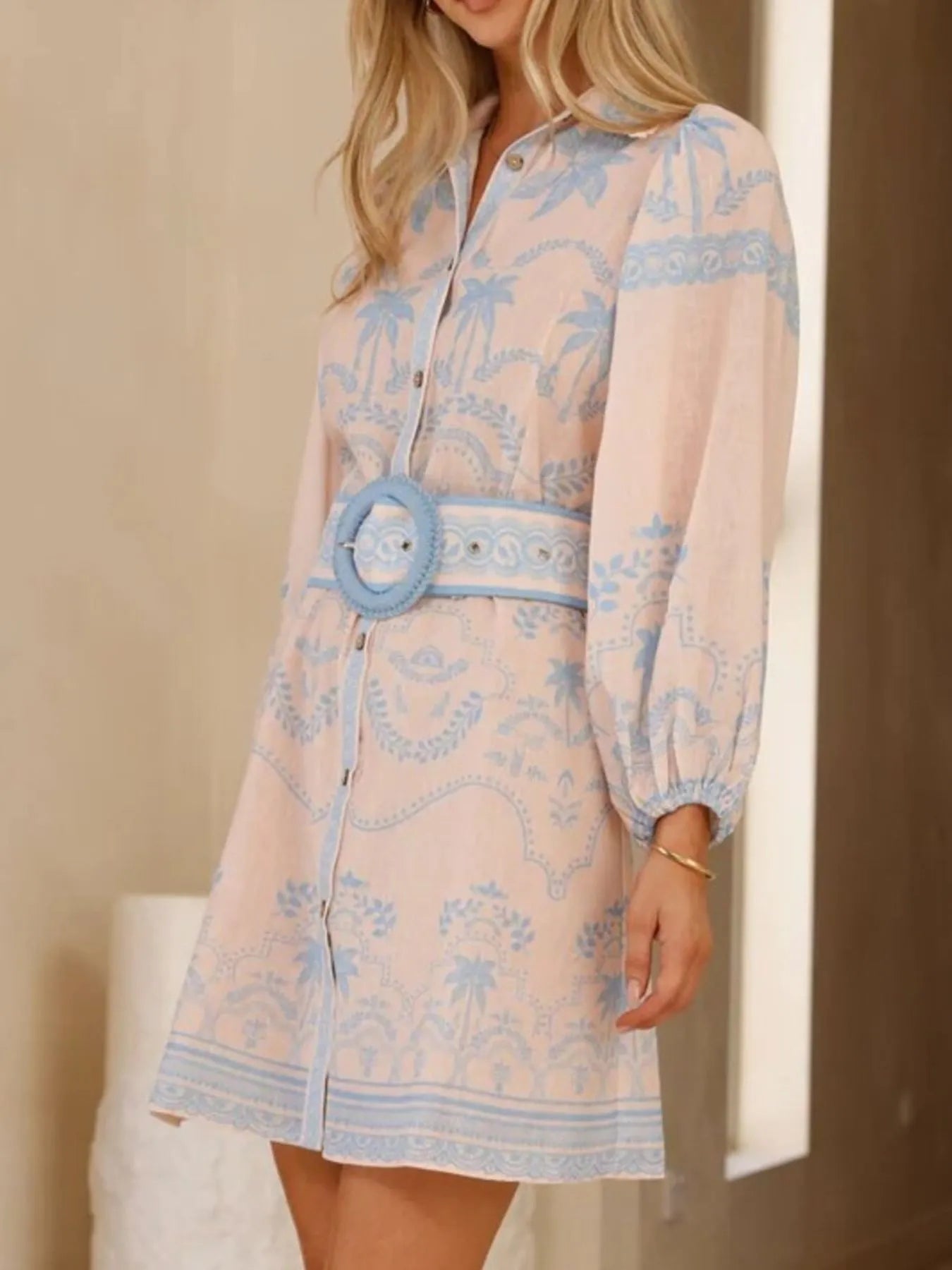 Printed Button Down Shirt Dress with Belt - Velora Luxury Fashion