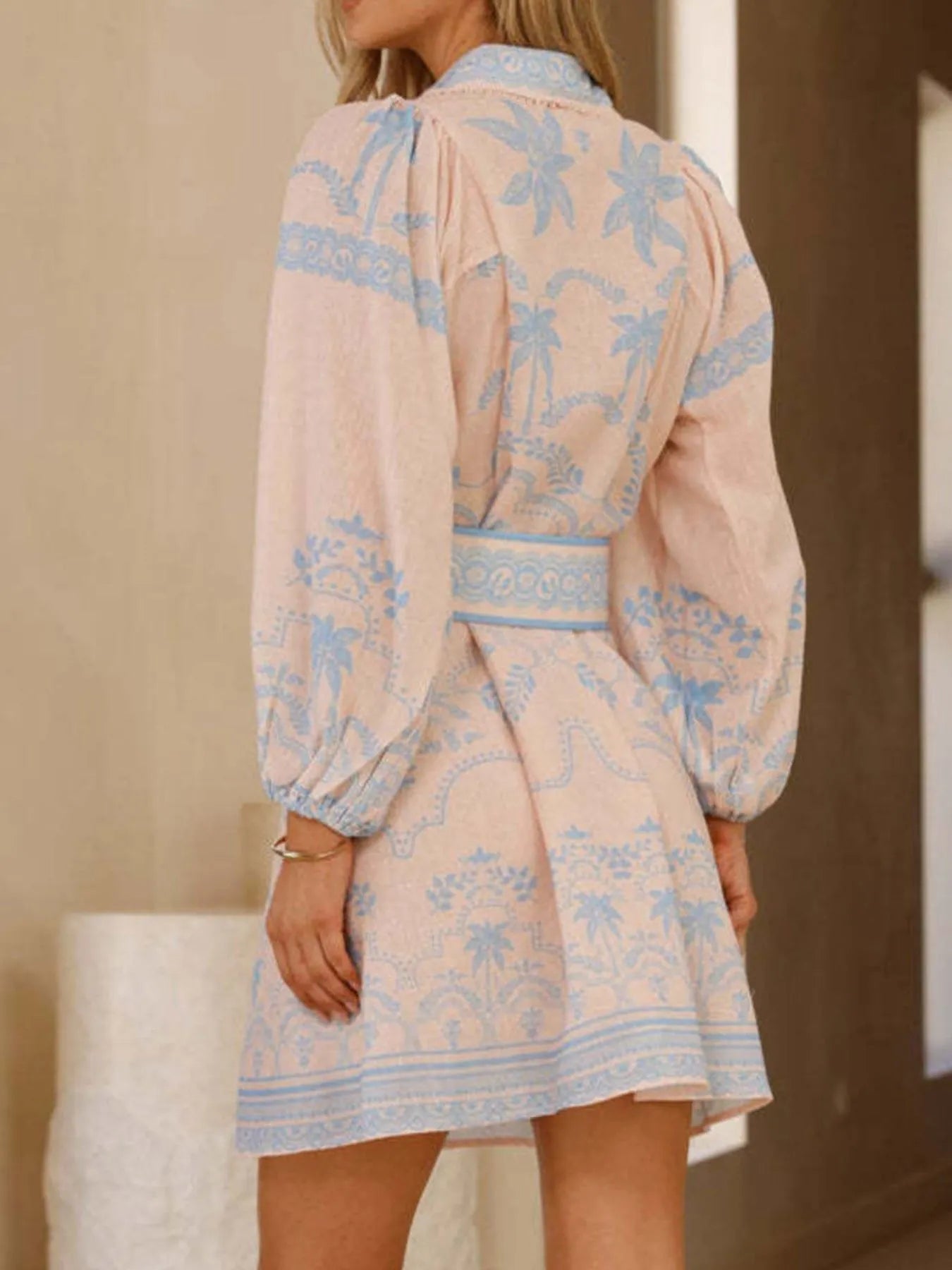 Printed Button Down Shirt Dress with Belt - Velora Luxury Fashion
