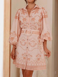 Printed Button Down Shirt Dress with Belt - Velora Luxury Fashion