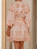 Printed Button Down Shirt Dress with Belt - Velora Luxury Fashion