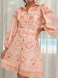 Printed Button Down Shirt Dress with Belt - Velora Luxury Fashion