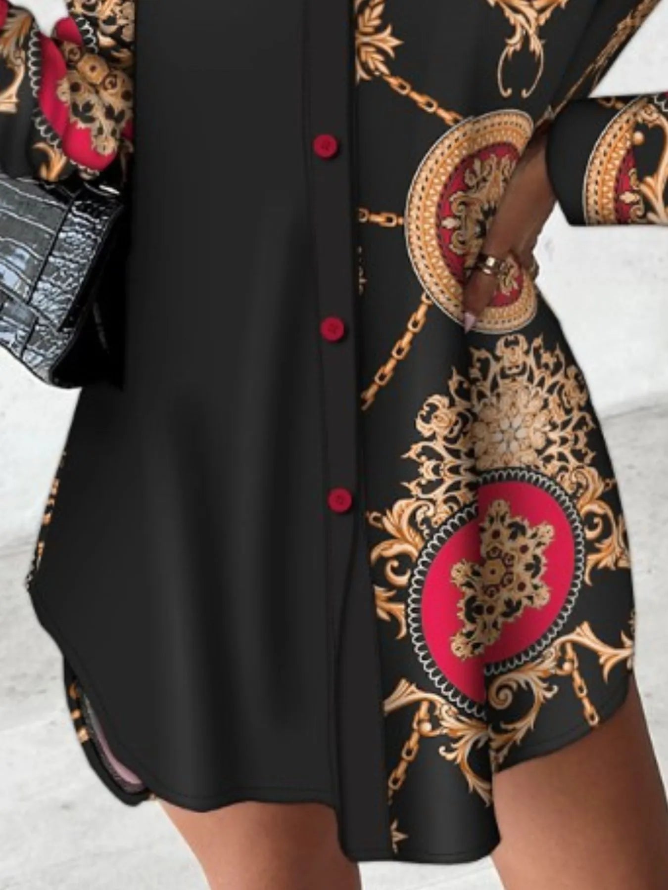 Printed Button Up Long Sleeve Shirt Dress - Velora Luxury Fashion