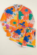 Printed Button Up Long Sleeve Top and Shorts Set - Velora Luxury Fashion