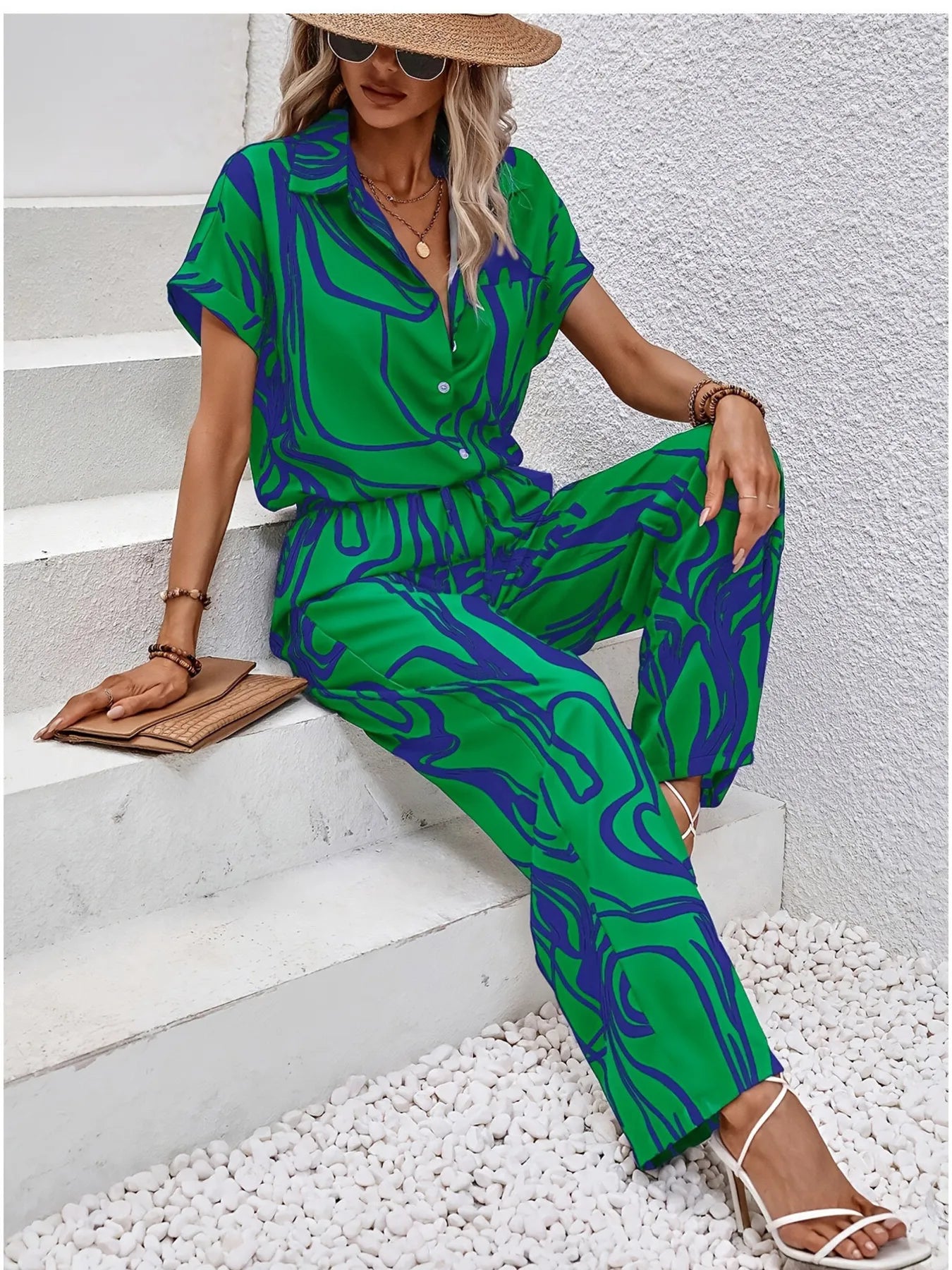 Printed Button Up Shirt and Pants Set - Velora Luxury Fashion